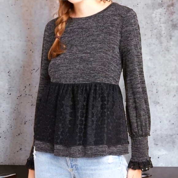 ANTHROPOLOGIE RO+DE Black/Gray Amirah Lace Long Smocked Cuff Sleeve Top XL - Picture 5 of 16